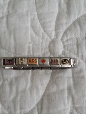 Italian charm link bracelet with enamel charms - silver tone